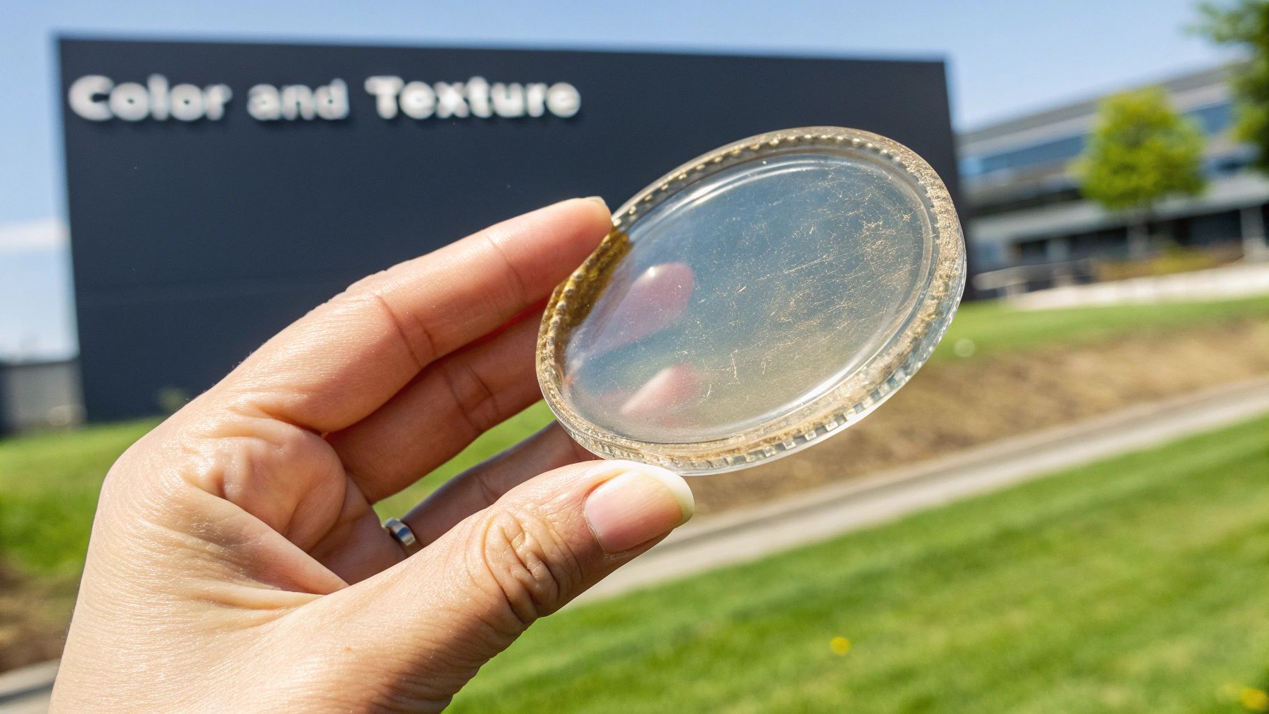 A hand holds a clear, circular, textured object, with a building labeled 'Color and Texture' in the background.