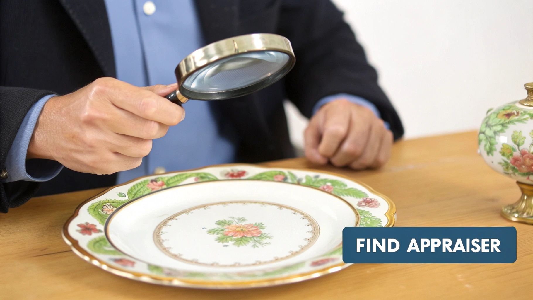 An antique appraiser carefully examining a porcelain vase with a magnifying glass, showing professionalism and expertise.