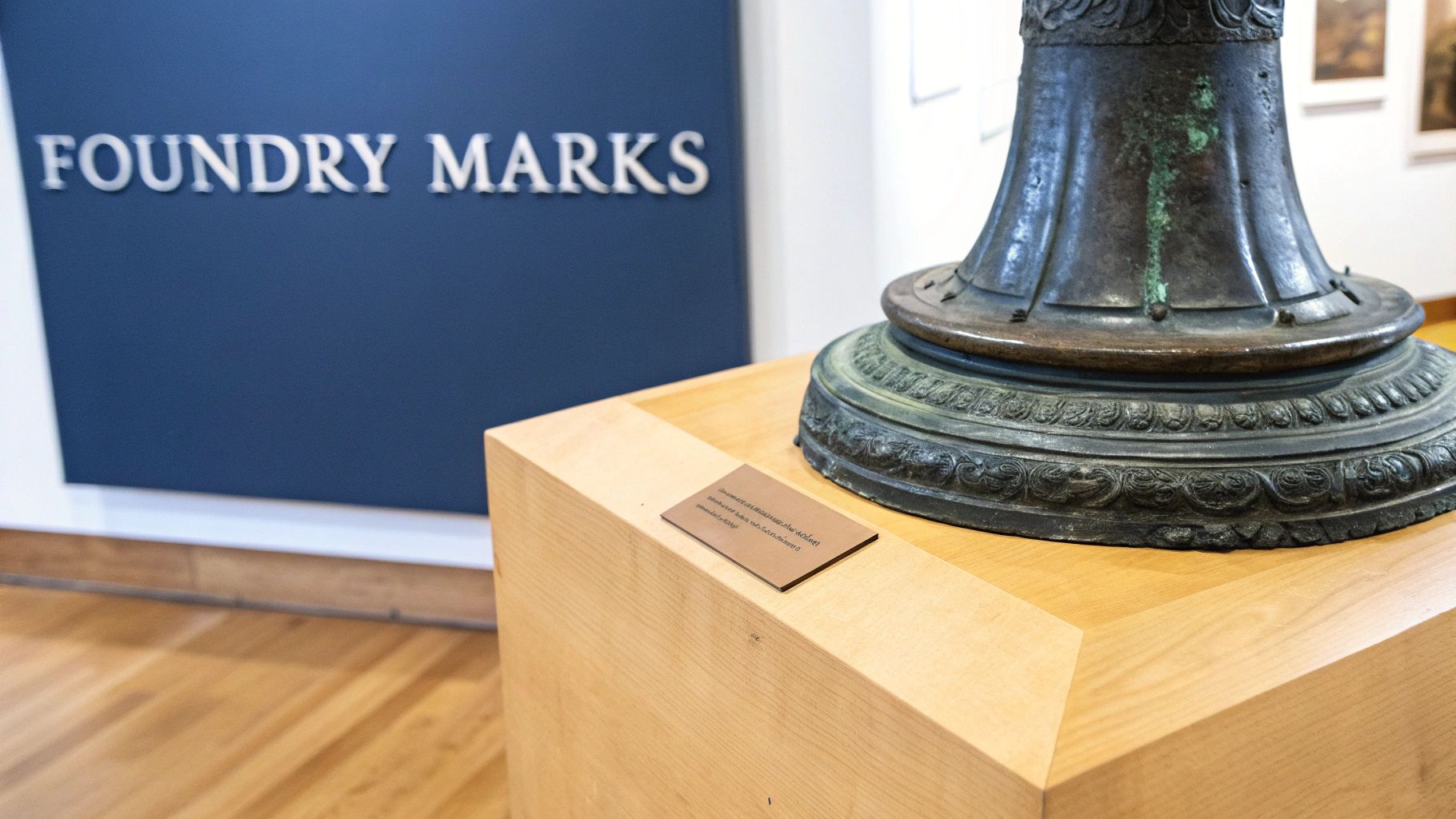 A bronze artifact with a green patina displayed on a wooden pedestal, with a 'FOUNDRY MARKS' sign in the background.