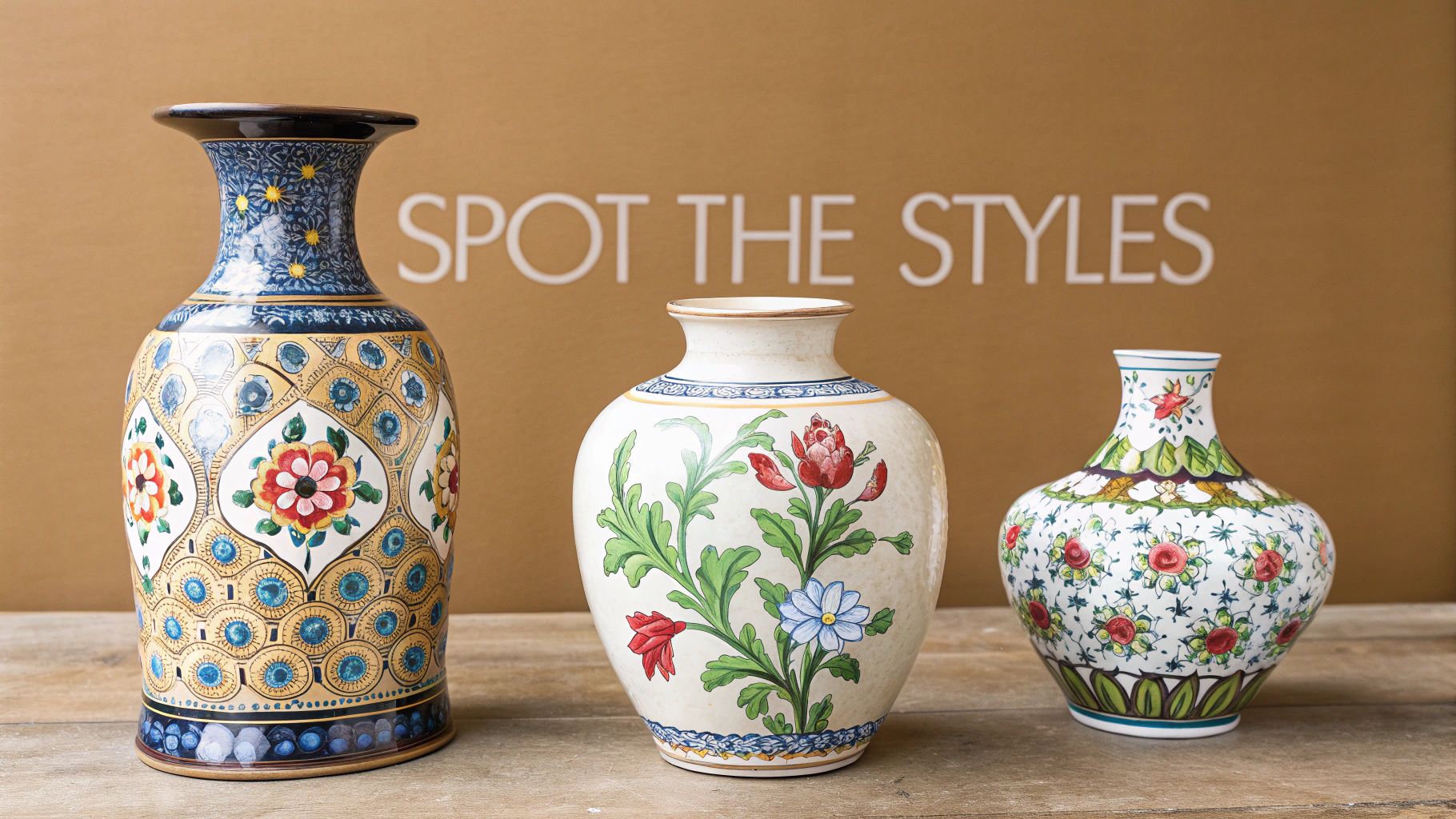 A close-up of several colorful antique Italian vases showcasing different styles.