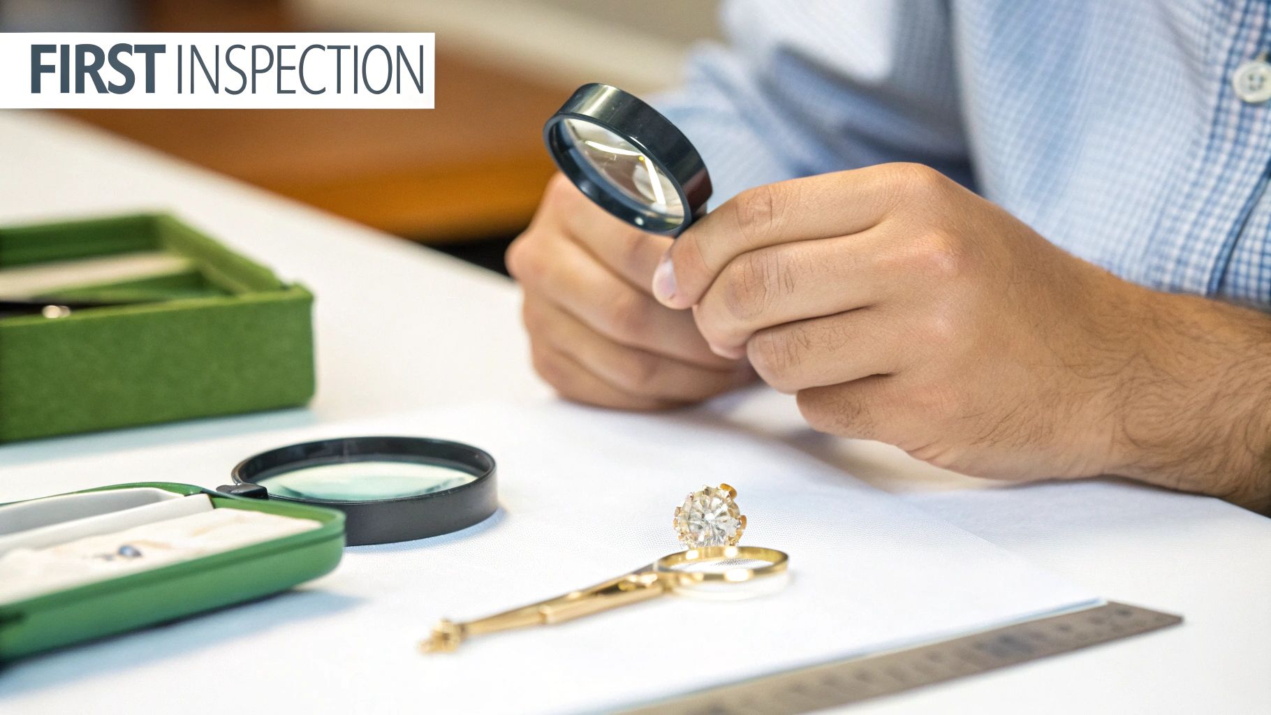 A person uses a magnifying glass to inspect a diamond ring on a white table.
