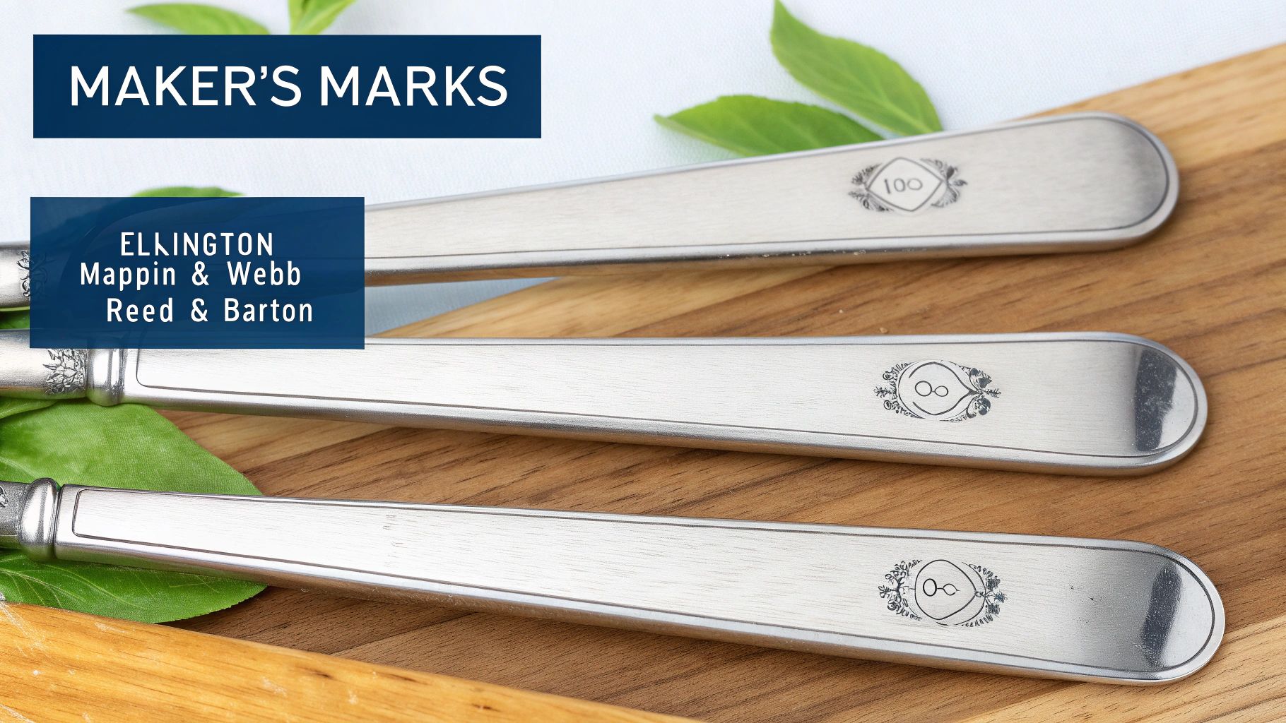 Close-up of three silver-colored utensils displaying intricate maker's marks on a wooden surface.