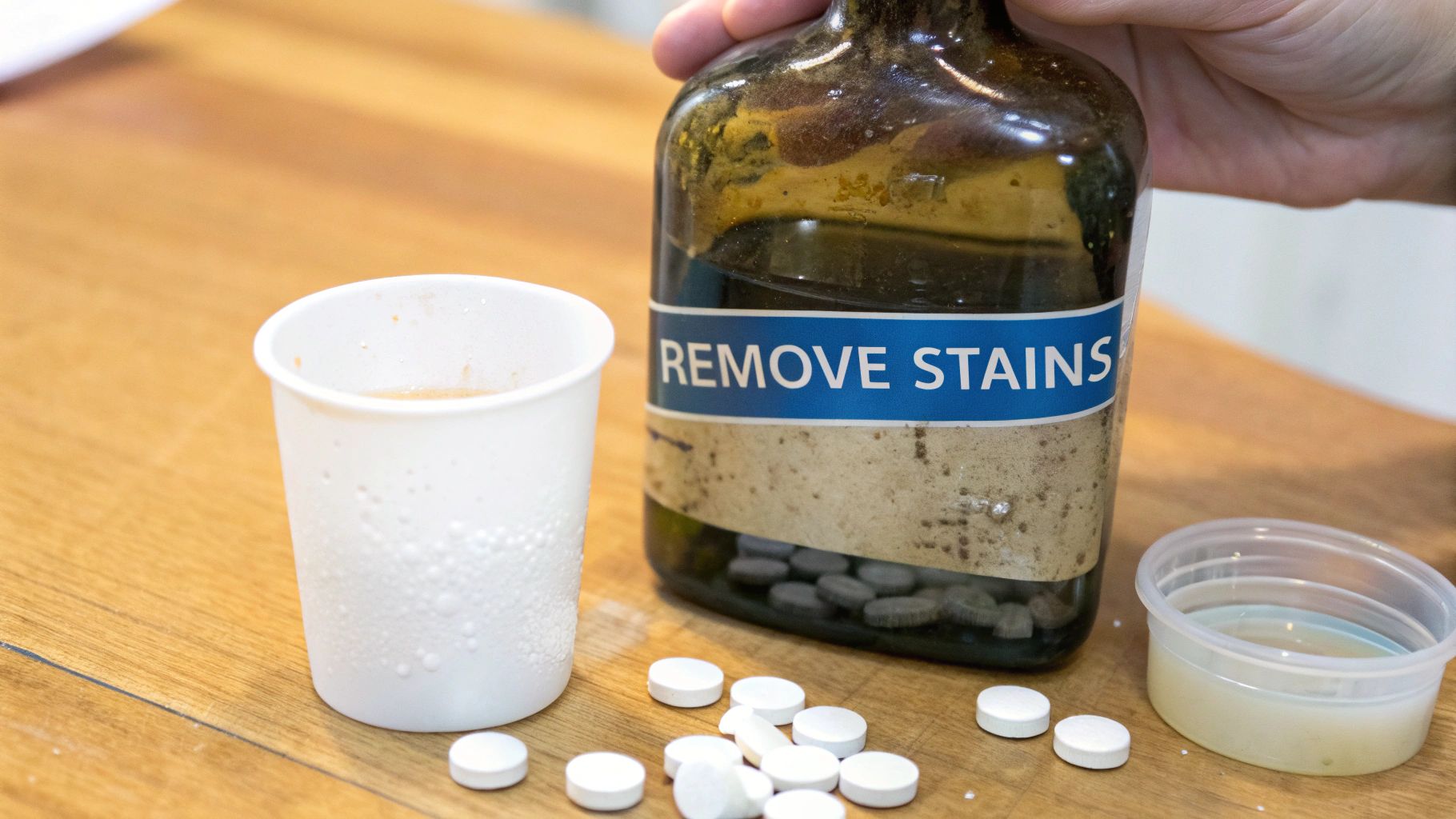 A hand holds an old bottle labeled 'REMOVE STAINS' beside a cup, white pills, and liquid on a wooden table.