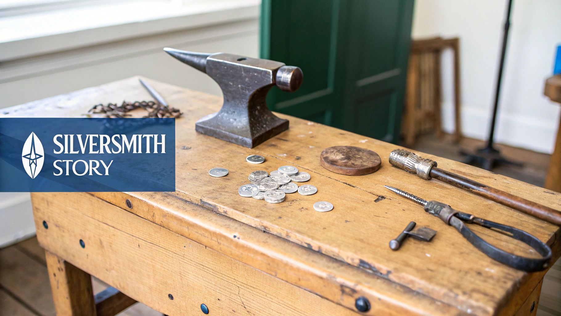 A silversmith's workbench with an anvil, various silver coins, and other metalworking tools.