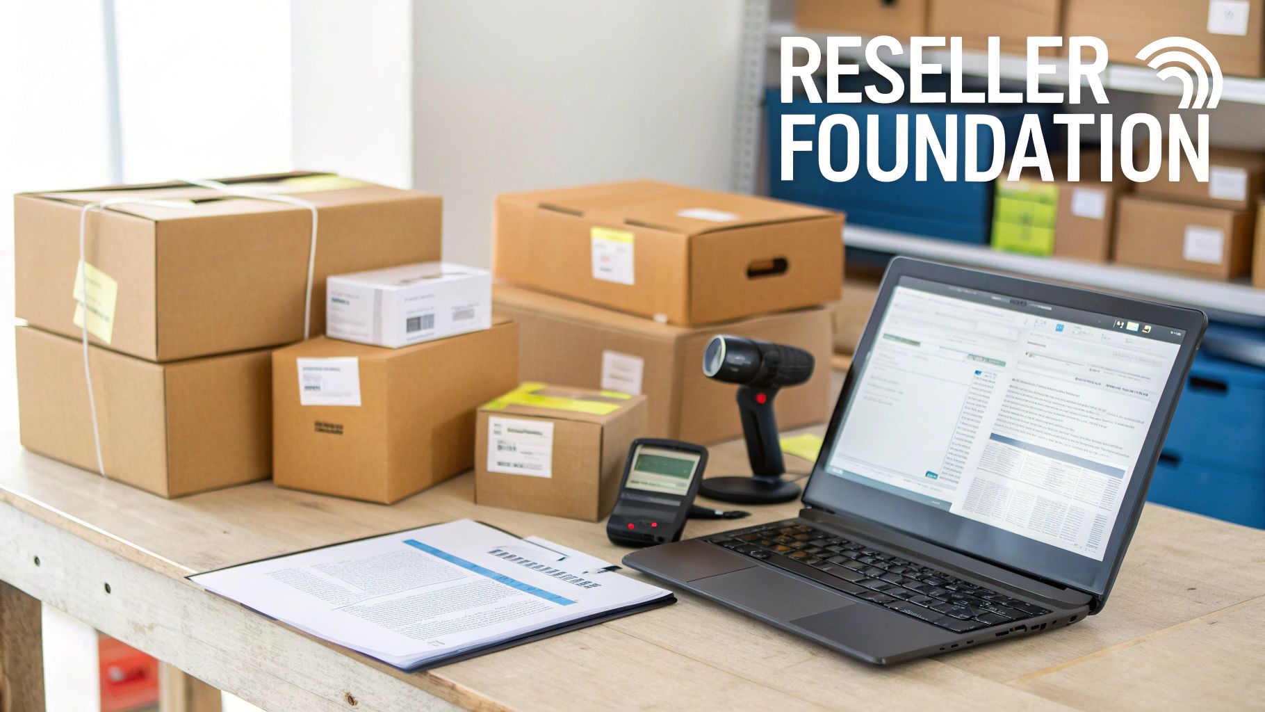 A busy shipping station with stacked cardboard boxes, a laptop, barcode scanner, and documents on a wooden desk.
