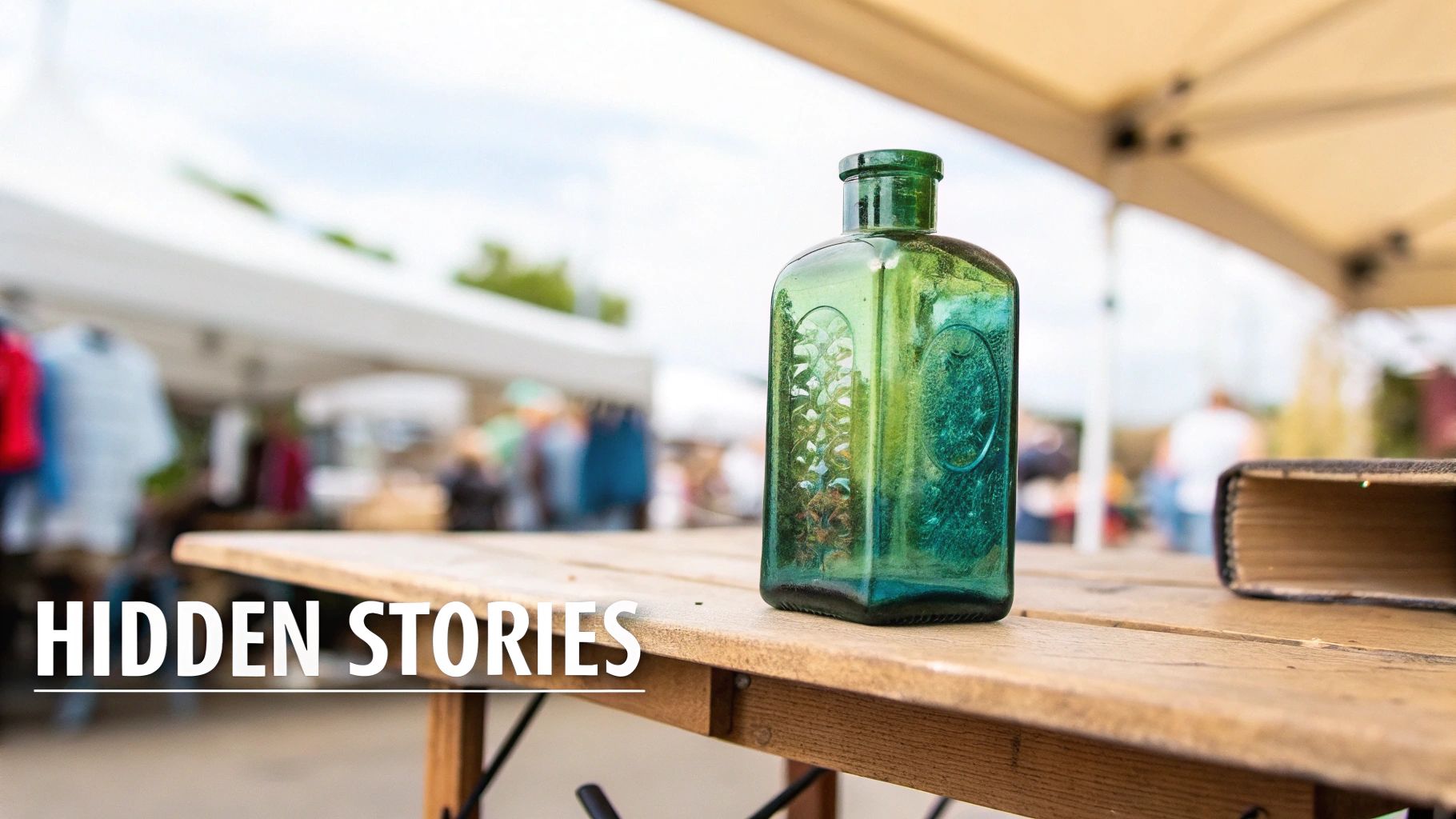 An antique green glass bottle and an open book on a wooden table at an outdoor market.