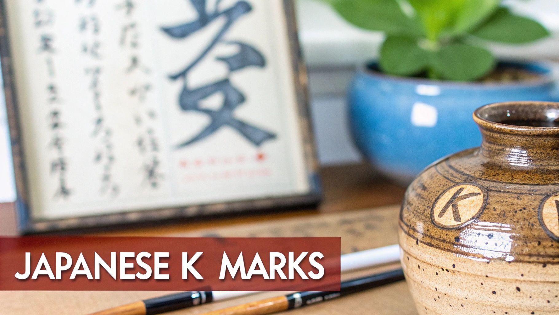A close-up of a brown ceramic vase with a 'K' mark, surrounded by Japanese art and brushes.