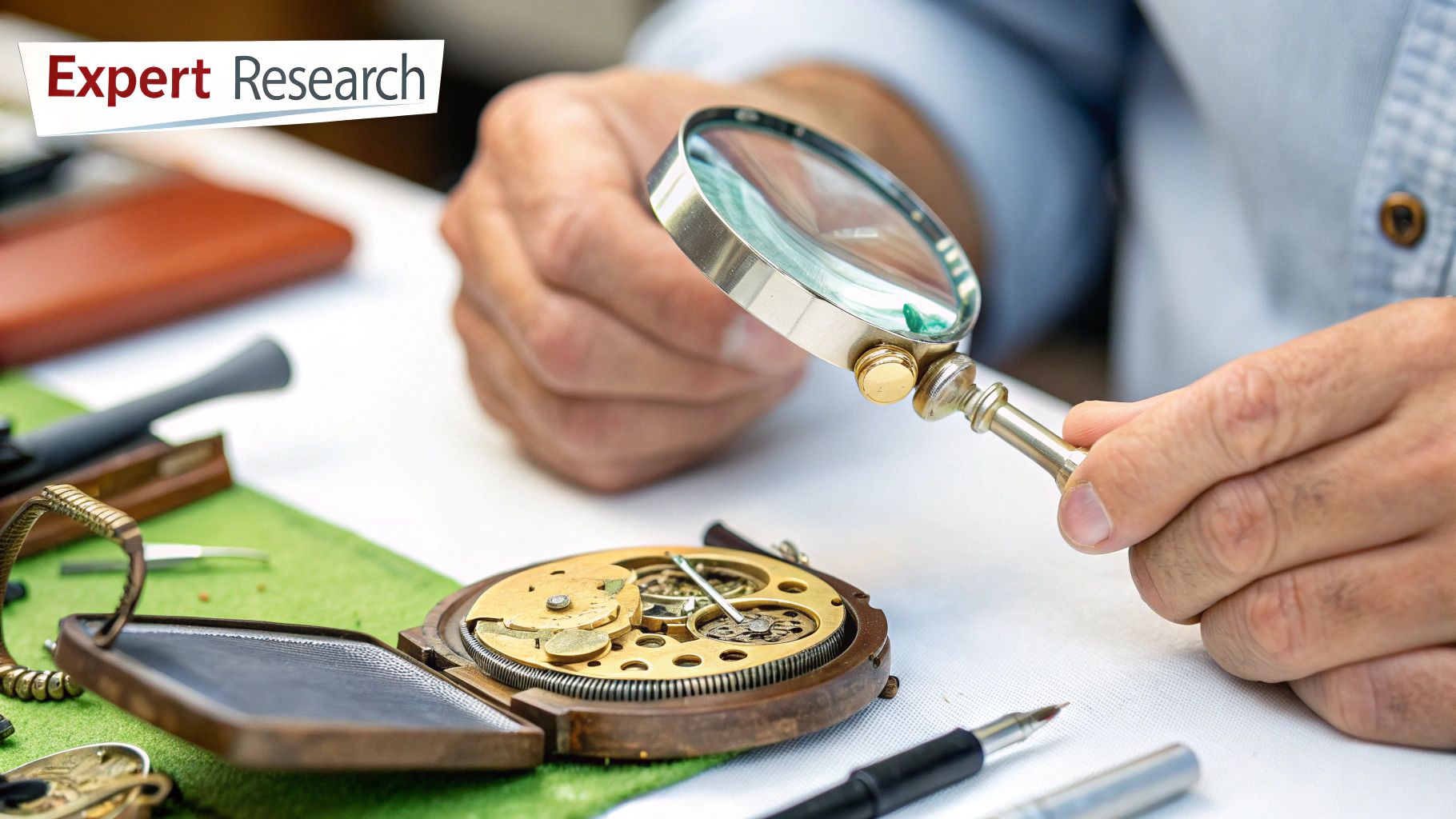 A person closely examining the maker's mark on the bottom of an antique ceramic vase with a magnifying glass.