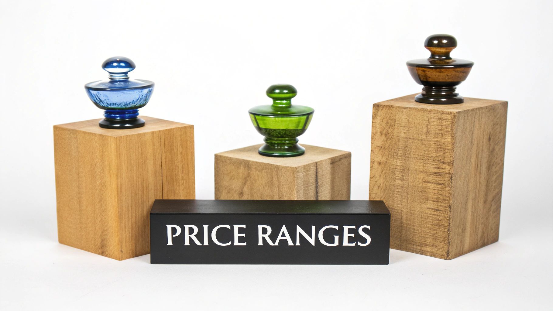Three colorful glass objects on wooden pedestals in front of a 'PRICE RANGES' sign.