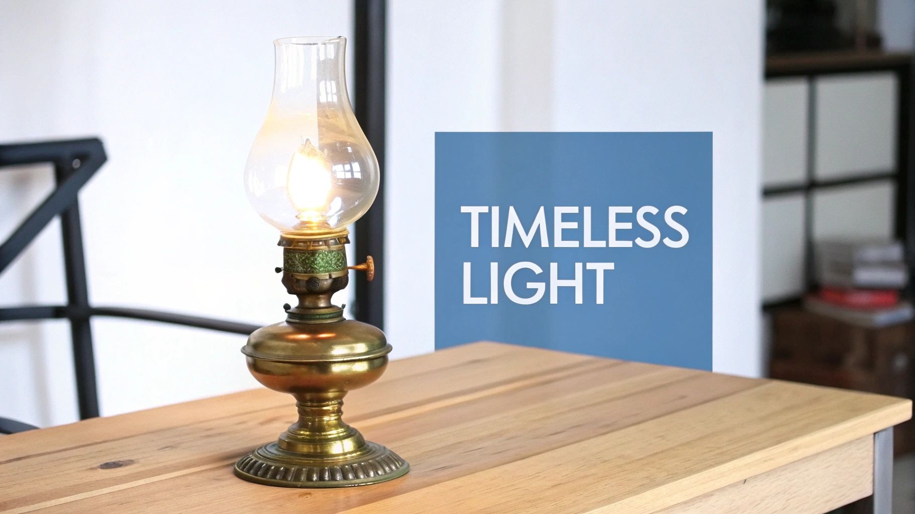 A glowing antique brass oil lamp sits on a light wooden table, with "TIMELESS LIGHT" text.