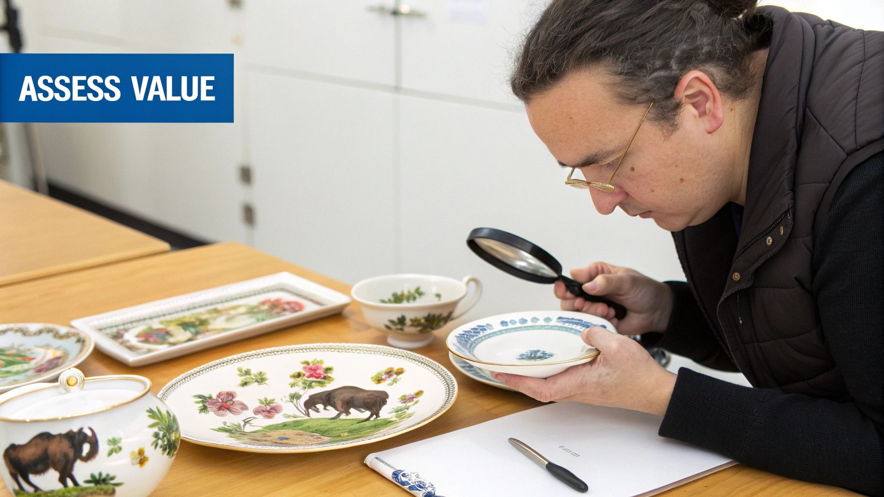 A man with glasses uses a magnifying glass to examine antique china with buffalo designs on a wooden table to assess value.
