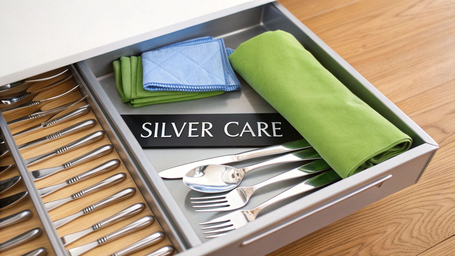 An open kitchen drawer showcasing organized silverware, green and blue polishing cloths, and a "SILVER CARE" label.