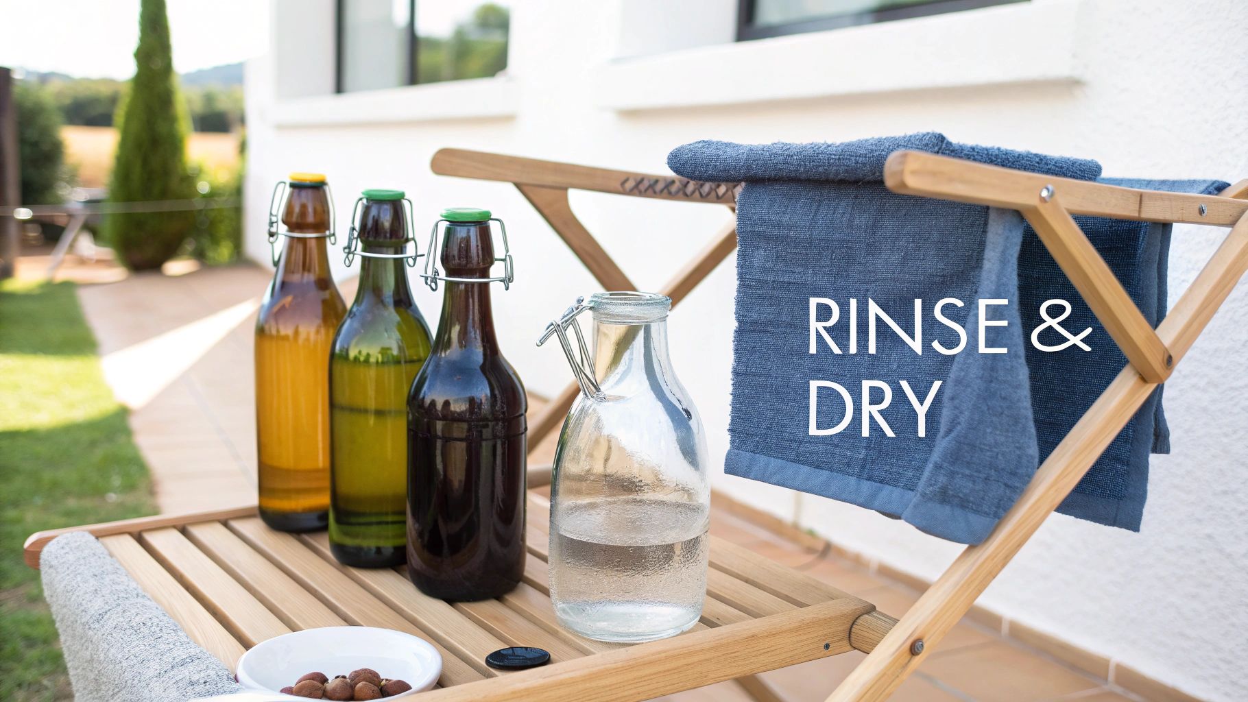 A collection of sparkling clean antique glass bottles air-drying upside down on a padded rack next to a window.