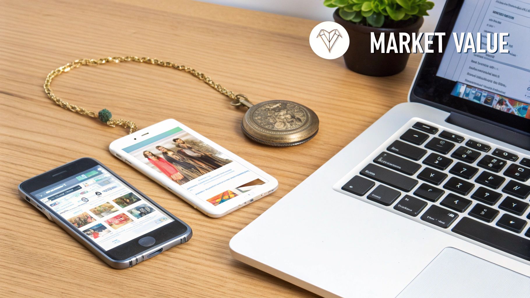 A wooden desk features two smartphones, a laptop, a plant, and a vintage pocket watch.