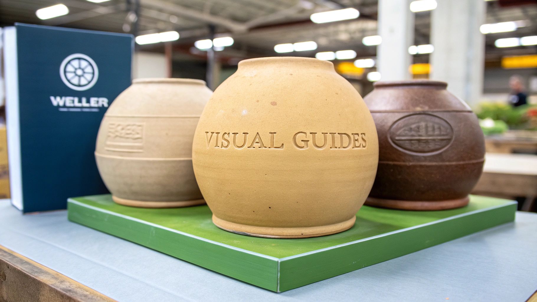 Three decorative ceramic pots, one labeled 'Visual Guides', sit on a green tray next to a Weller book.