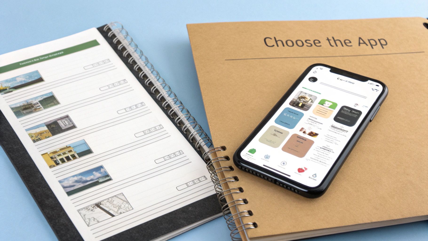 A smartphone displaying a colorful app interface and a spiral-bound notebook with images, next to a brown book.