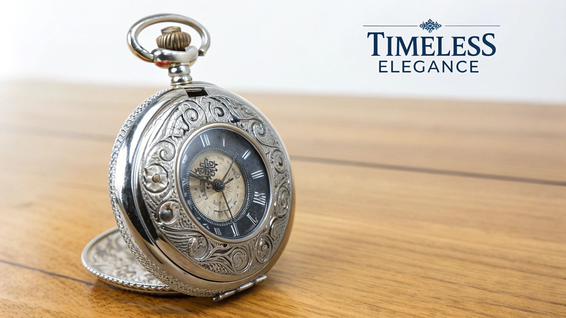 A collection of antique silver pocket watches laid out on a wooden surface, showcasing their intricate details.