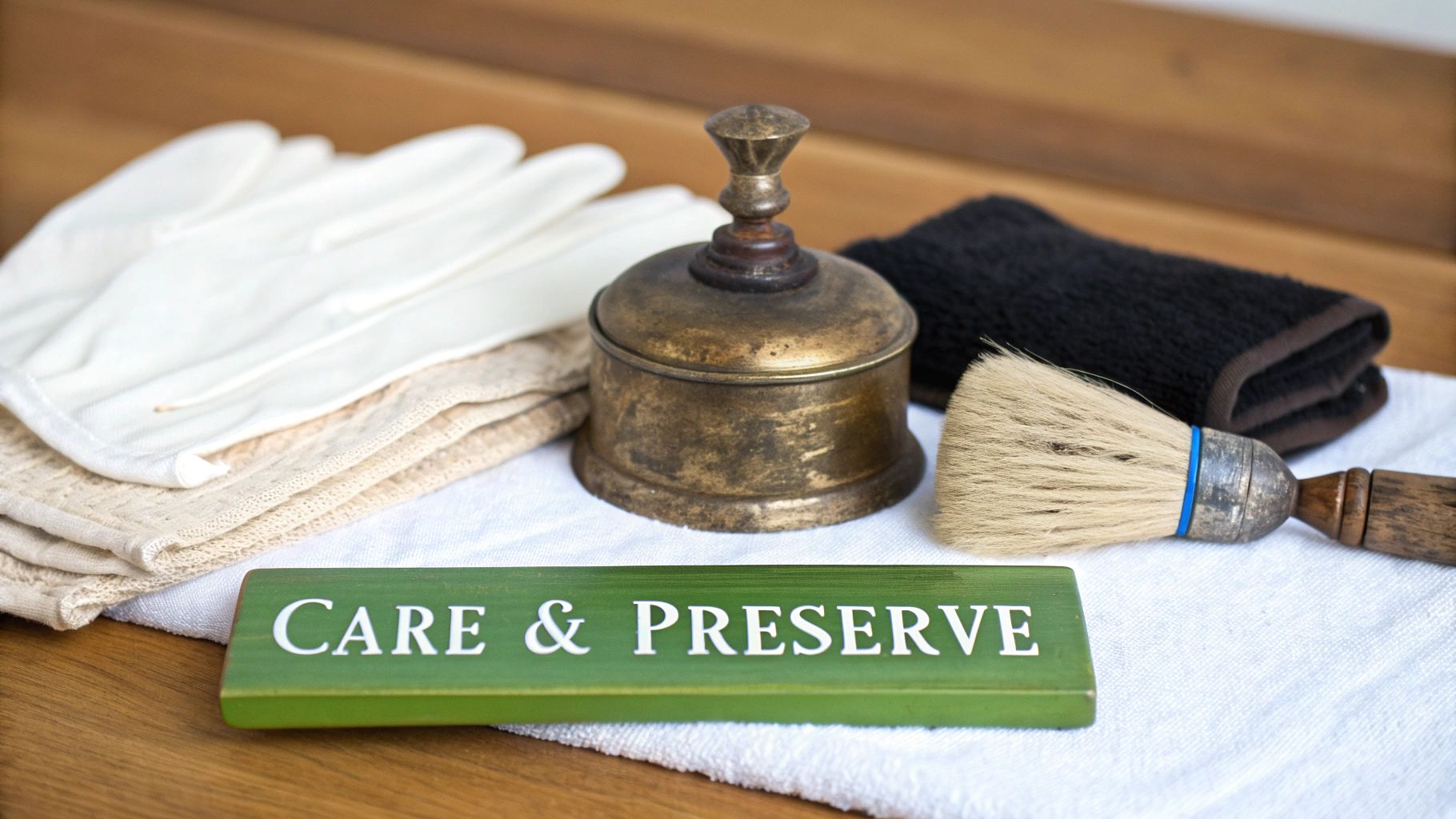 A hand gently cleaning an antique brass inkwell with a soft cloth