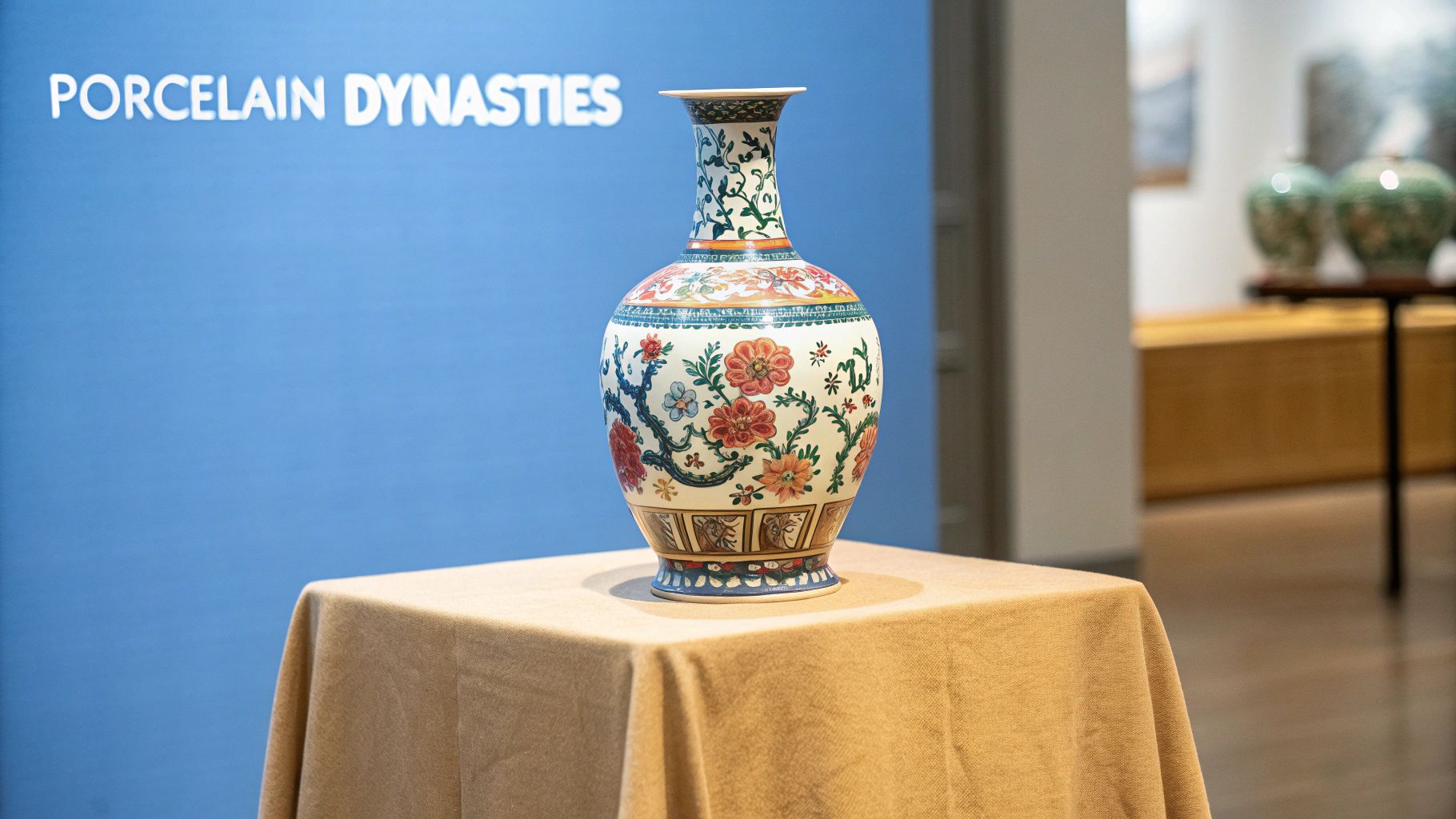 A colorful Chinese porcelain vase with intricate floral designs displayed at the 'Porcelain Dynasties' exhibit.