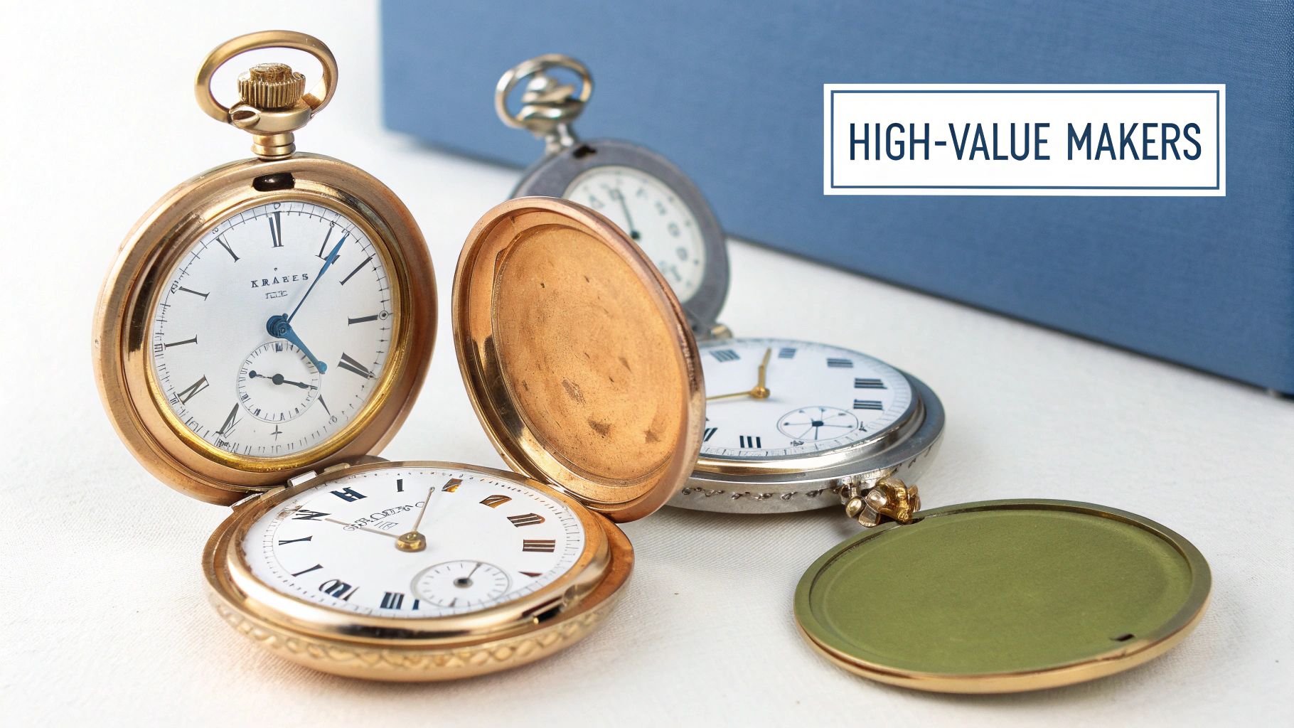 A collection of vintage pocket watches, some open, displaying intricate dials and golden casings.