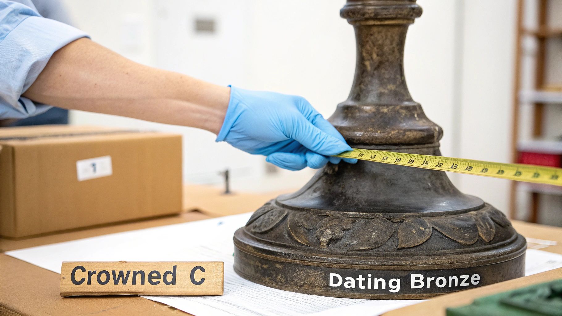 A gloved hand measures an ornate bronze object with a yellow tape, near labels "Crowned C" and "Dating Bronze."