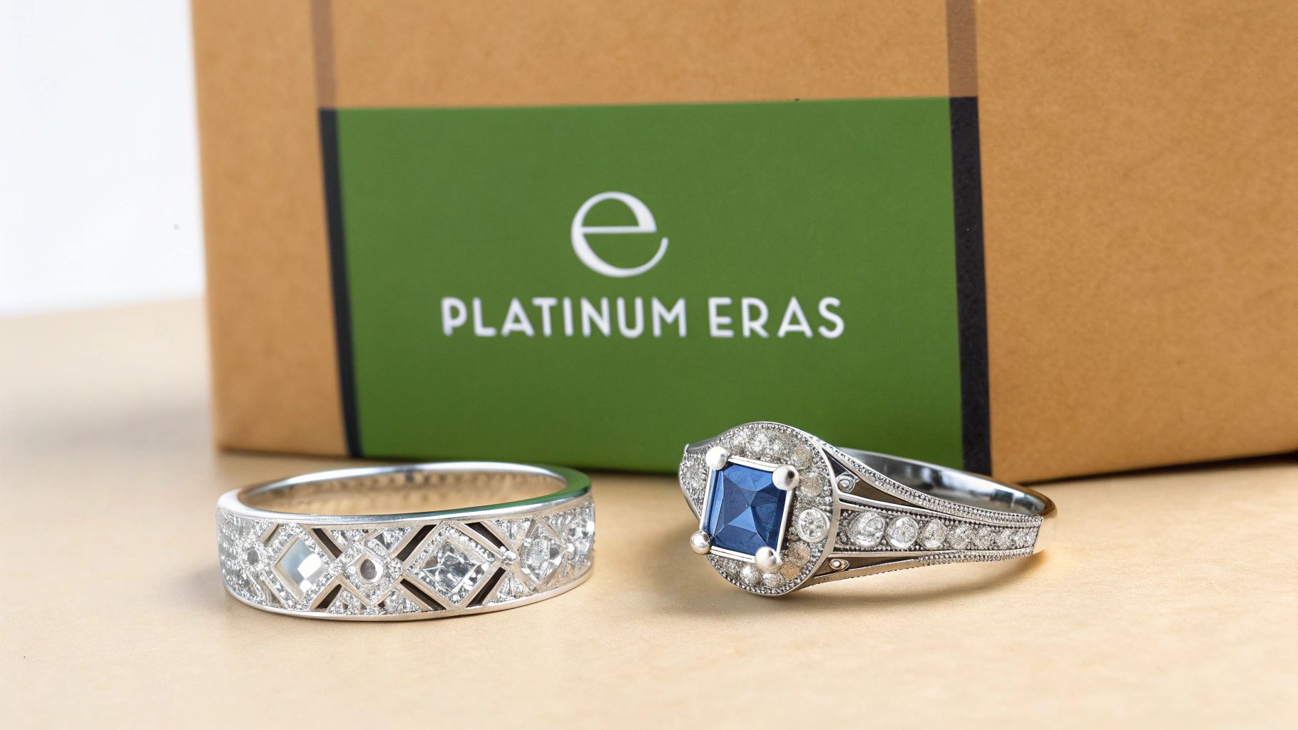 A collection of antique platinum wedding rings from different eras, showcasing the contrast between delicate Edwardian filigree and bold Art Deco geometry.