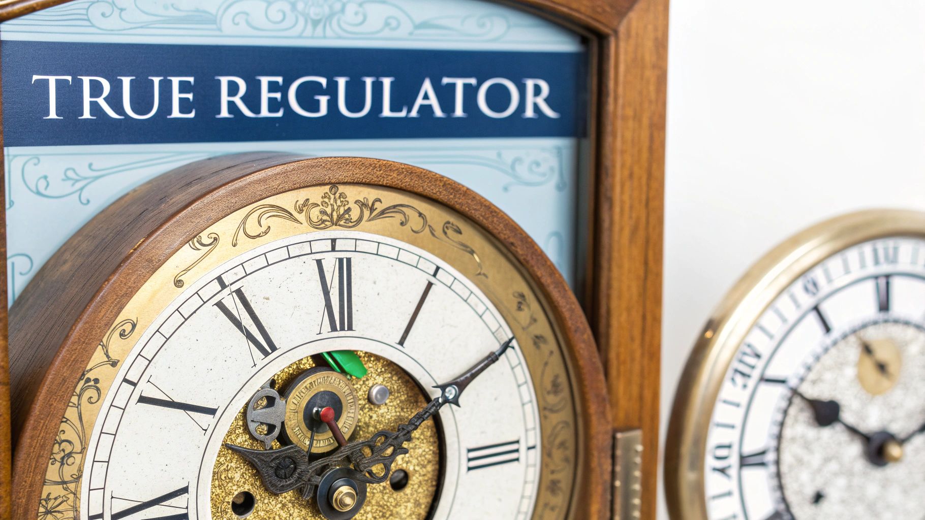 An up-close view of a regulator clock's dial, showing the separated hands for hours, minutes, and seconds.