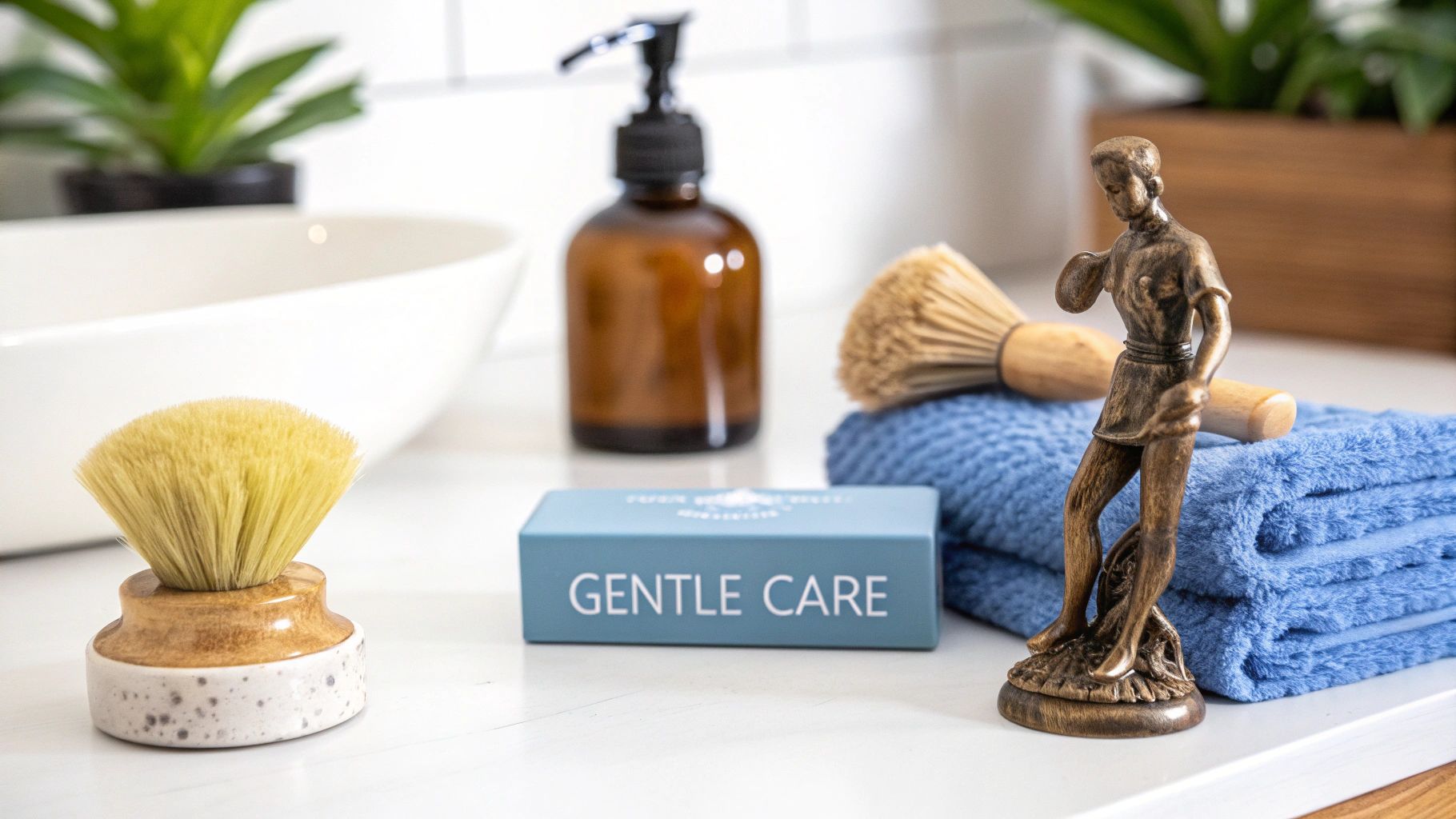 Shaving brushes, a soap dispenser, blue towels, and a bronze statue on a clean bathroom counter.