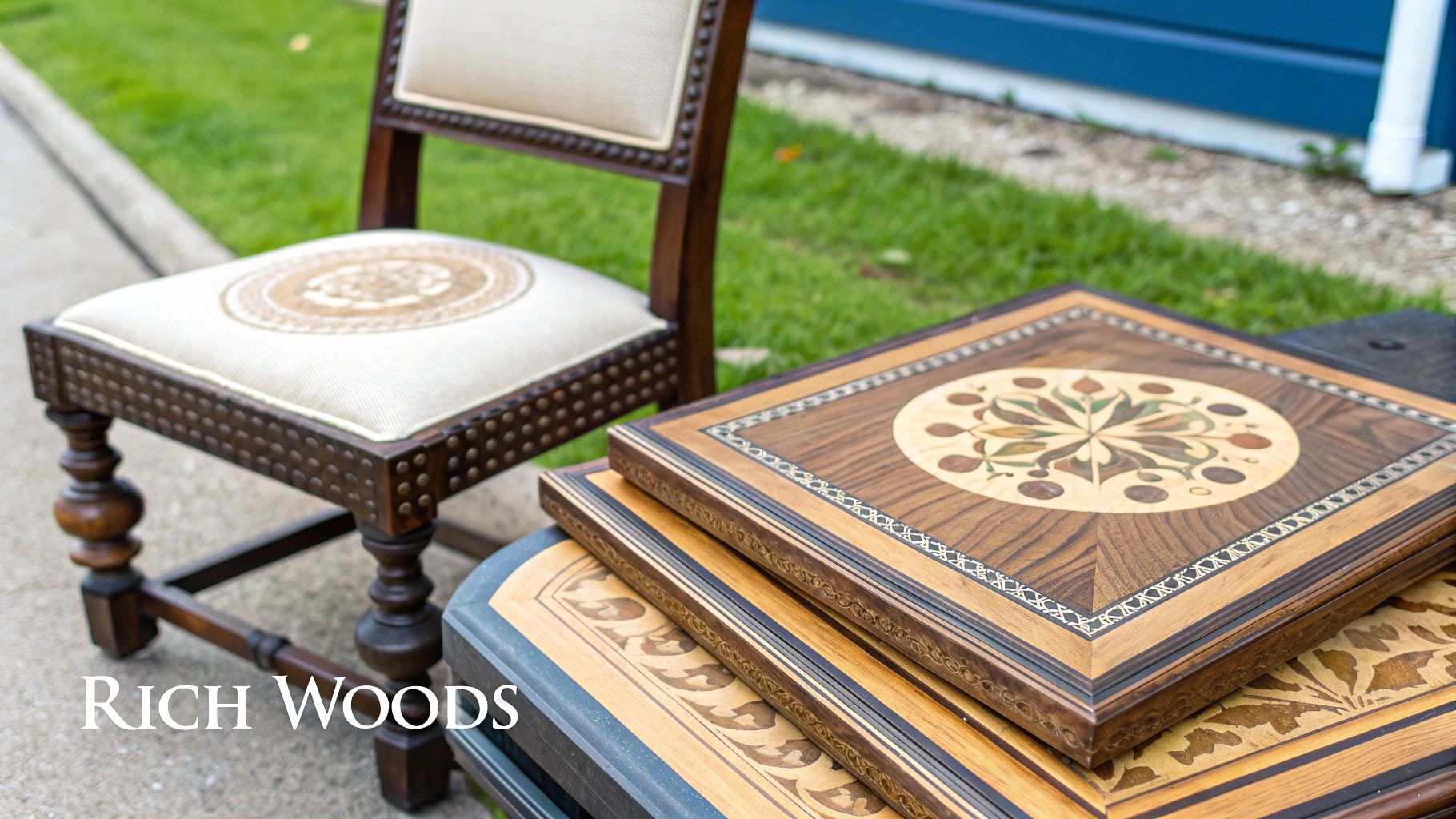 Ornate antique chair and stacked wooden panels with intricate marquetry designs, showcasing rich woodwork.