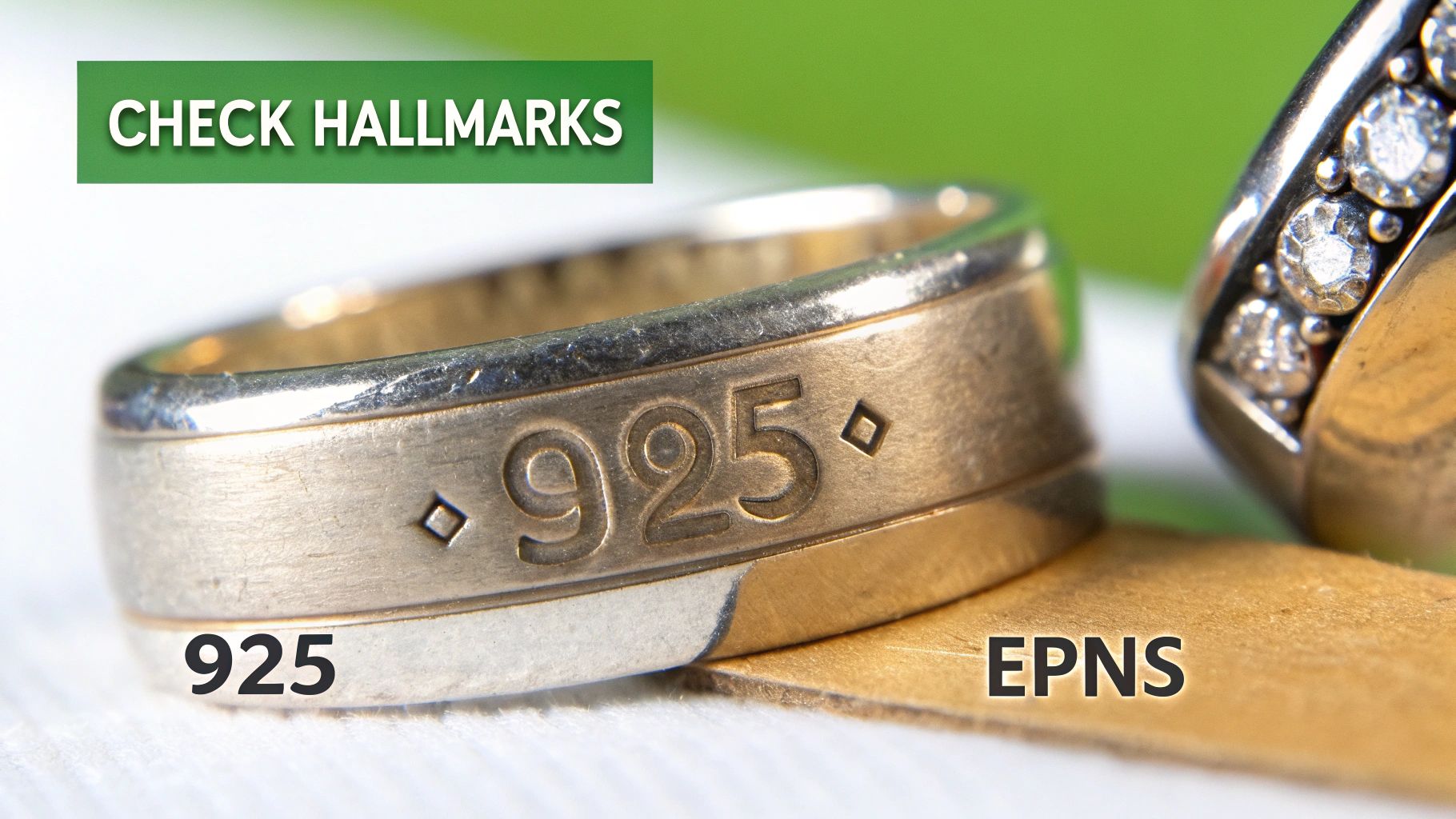 Close-up of two rings with hallmarks: one silver ring marked 925 and another ring with diamonds labeled EPNS.