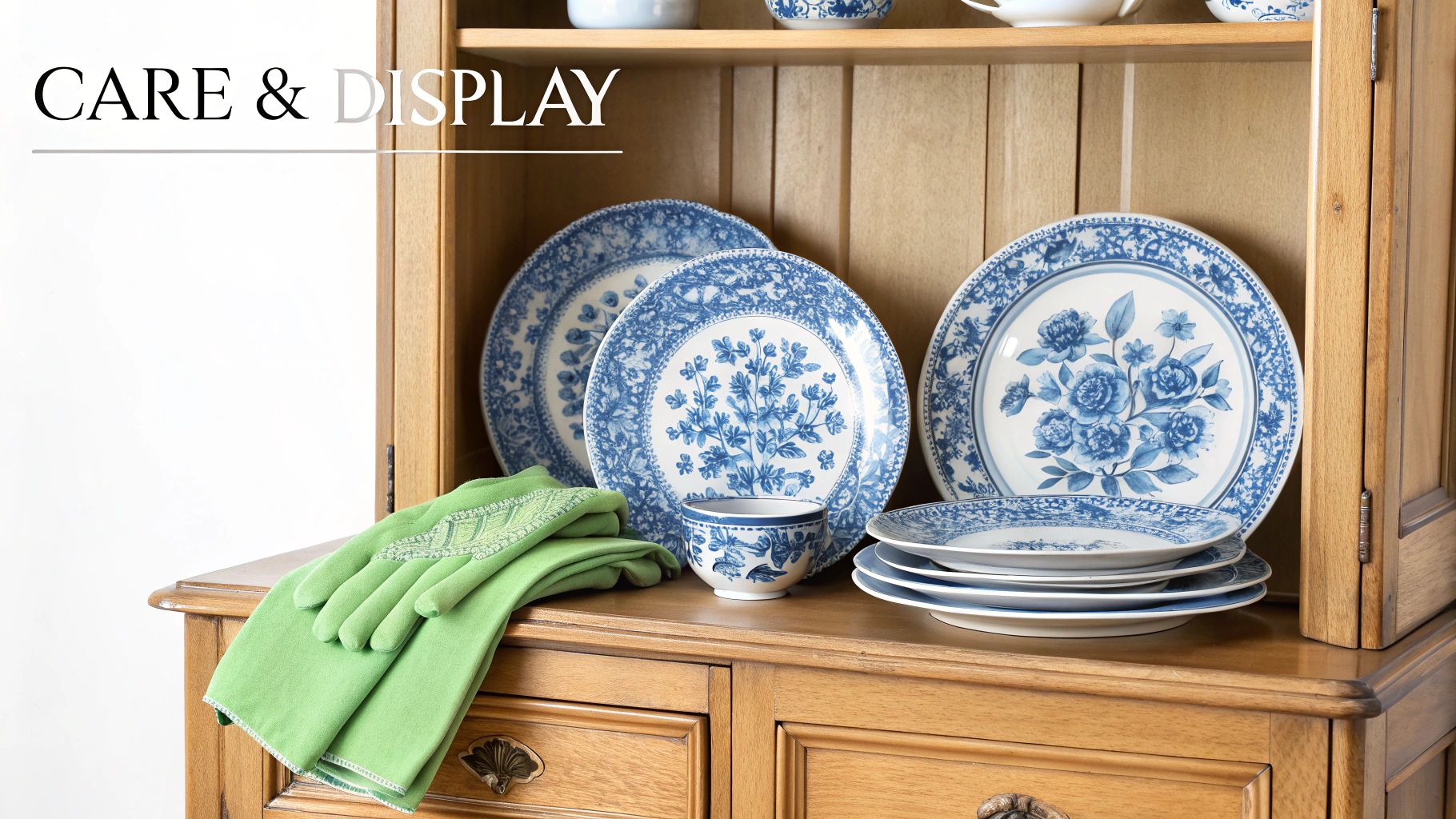 Blue and white flow blue dinnerware displayed on wooden hutch shelves with green towel
