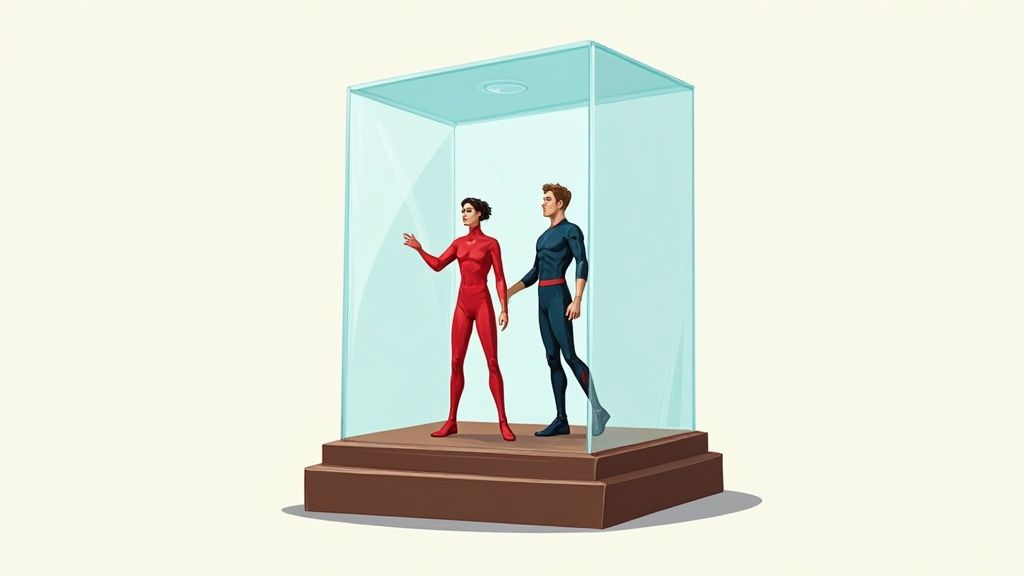 A multi-tiered rotating glass display cabinet filled with various collectible figurines and models.