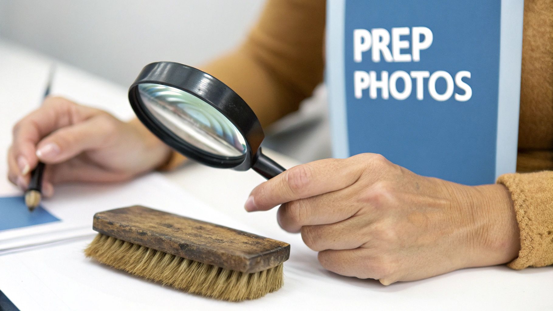 Person examining antique brush with magnifying glass for online appraisal and authentication process