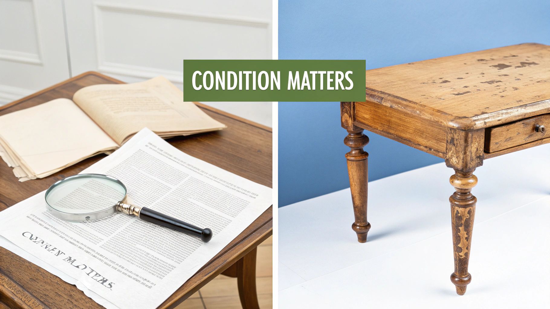 Two images show old books, papers, a magnifying glass, and a distressed wooden desk, highlighting the importance of condition.