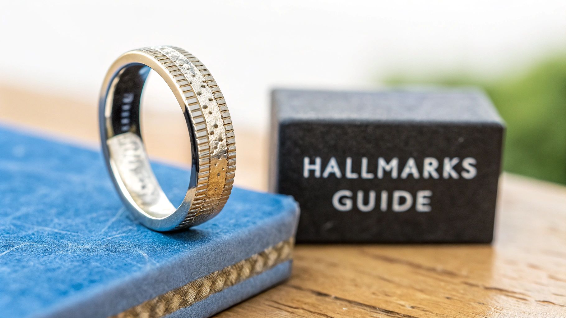 A silver-colored ring with a textured pattern rests on a blue book, with a 'HALLMARKS GUIDE' box in the background.