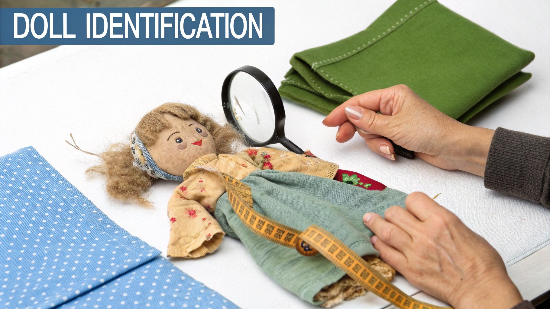 Hands inspect a handmade rag doll with a magnifying glass and measuring tape for identification.