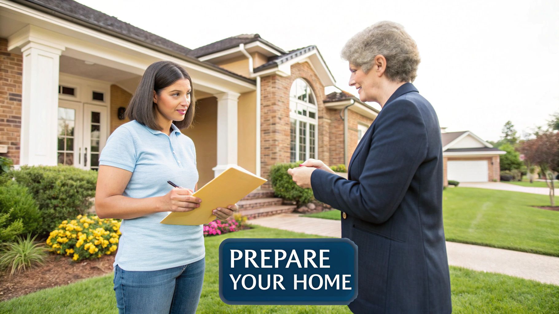 A tidy, well-maintained home exterior with a clean yard and a welcoming front door.