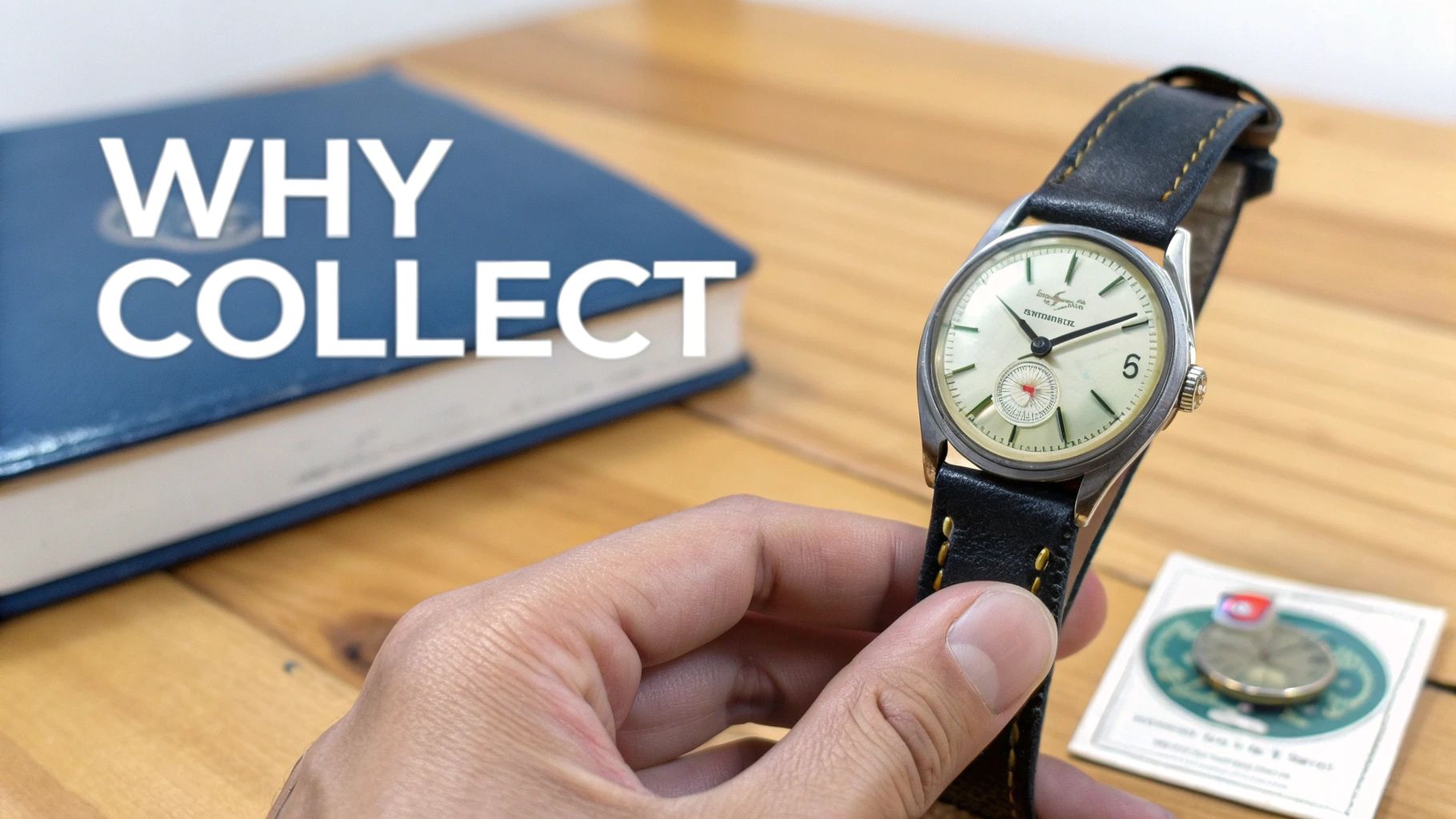An elegant antique quartz watch with a gold strap and a dark, minimalist face, displayed on a wooden surface.