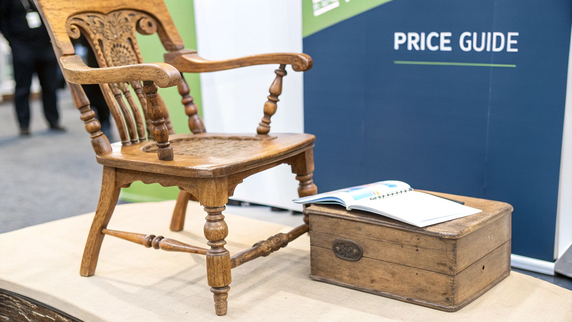 Several pieces of antique furniture and decor arranged in a well-lit room.