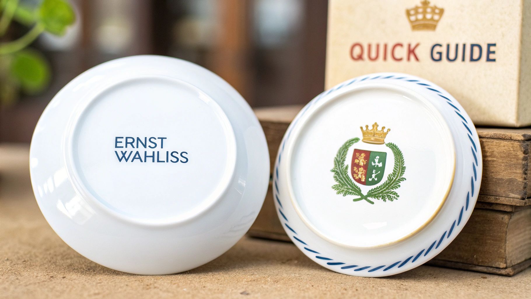 Decorative ceramic bowl base showing Crown Mark Era text with green floral and blue wave patterns