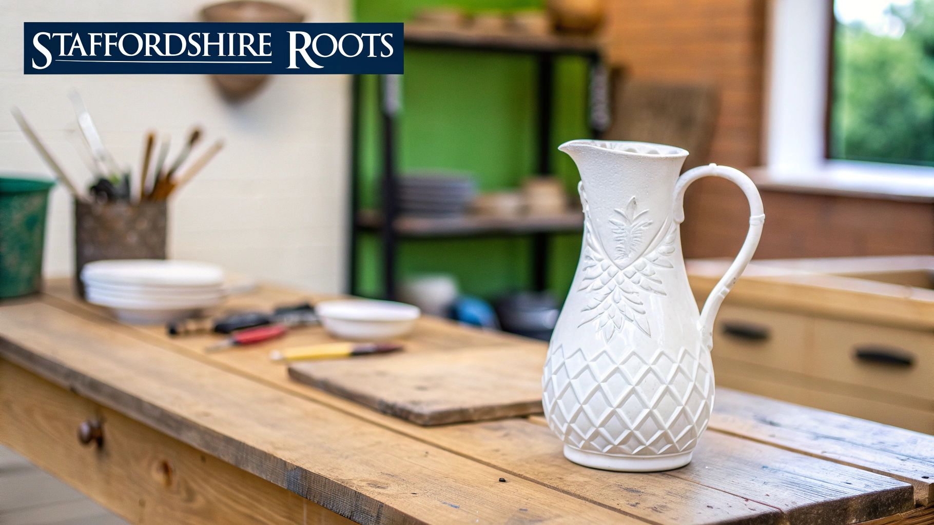 White ceramic pitcher with intricate patterns on a rustic wooden table in a craft workshop.