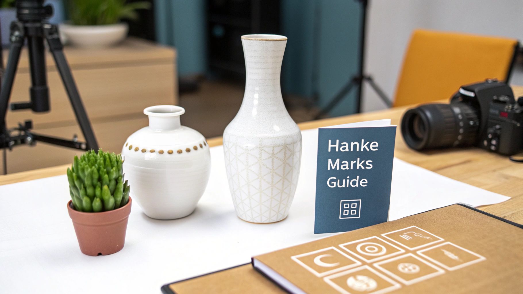 A tabletop display featuring a small succulent, two decorative white vases, and a 'Hanke Marks Guide'.