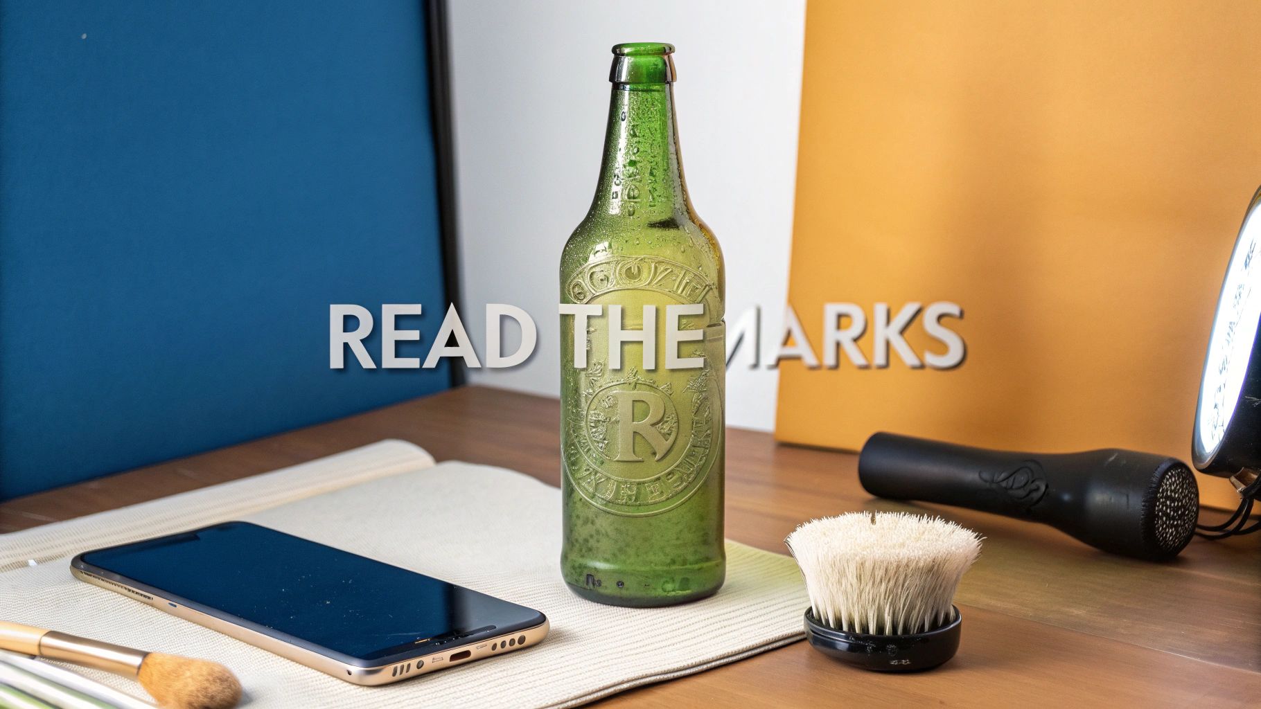 A close-up of an embossed maker's mark on the base of an antique glass bottle.