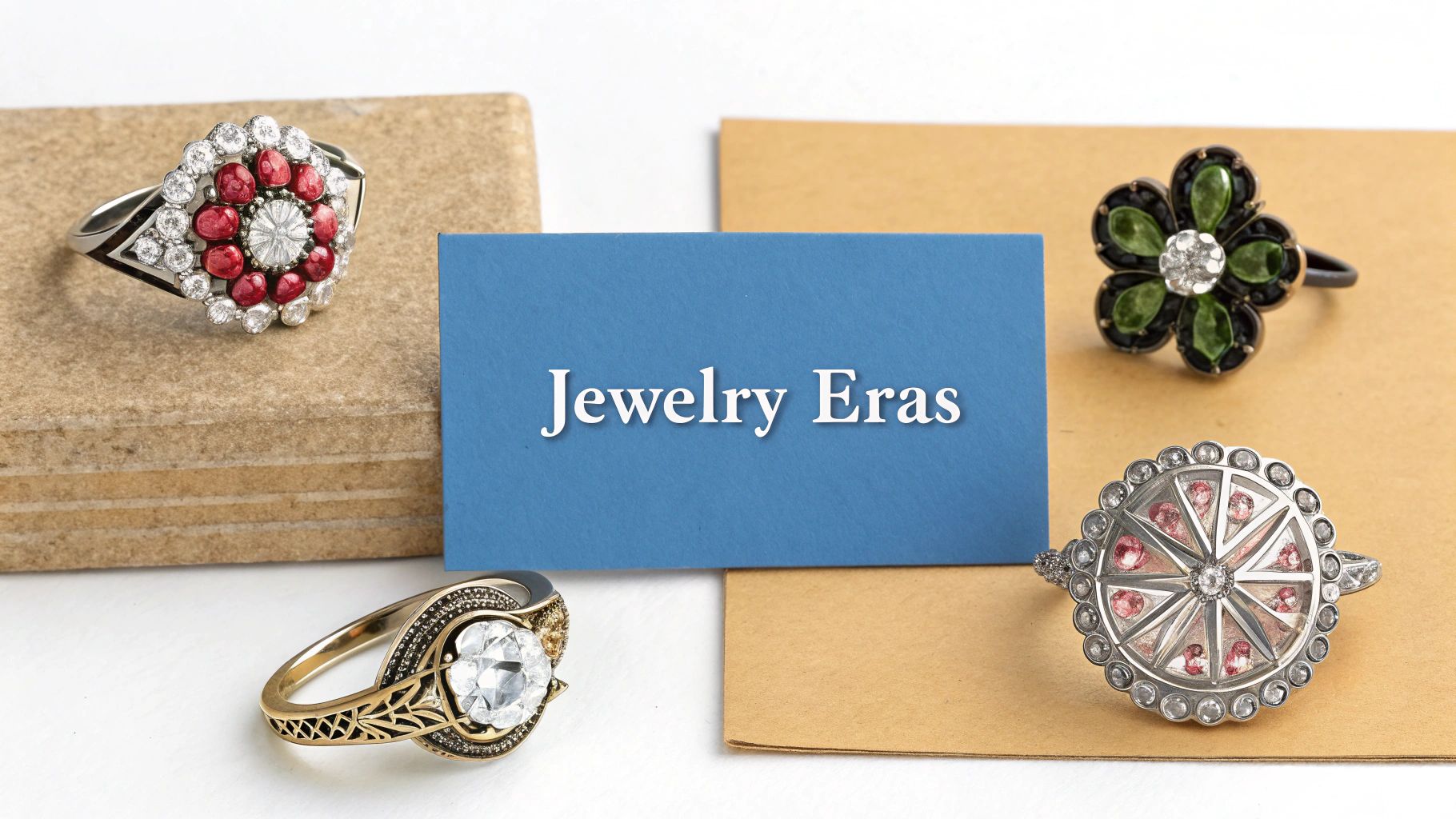 A collection of vintage-style rings with various gems, including red, green, and clear stones, surrounding a blue card labeled 'Jewelry Eras'.