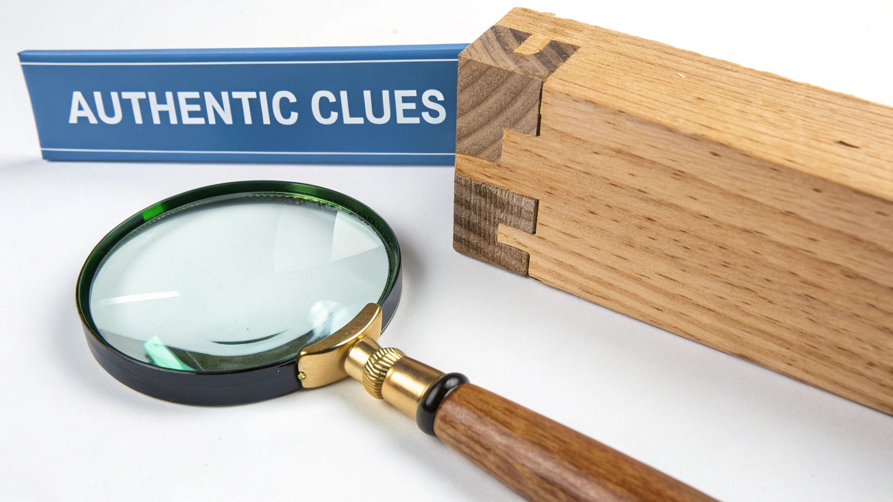 A magnifying glass, a book titled 'Authentic Clues,' and a wooden dovetail joint on a white background.