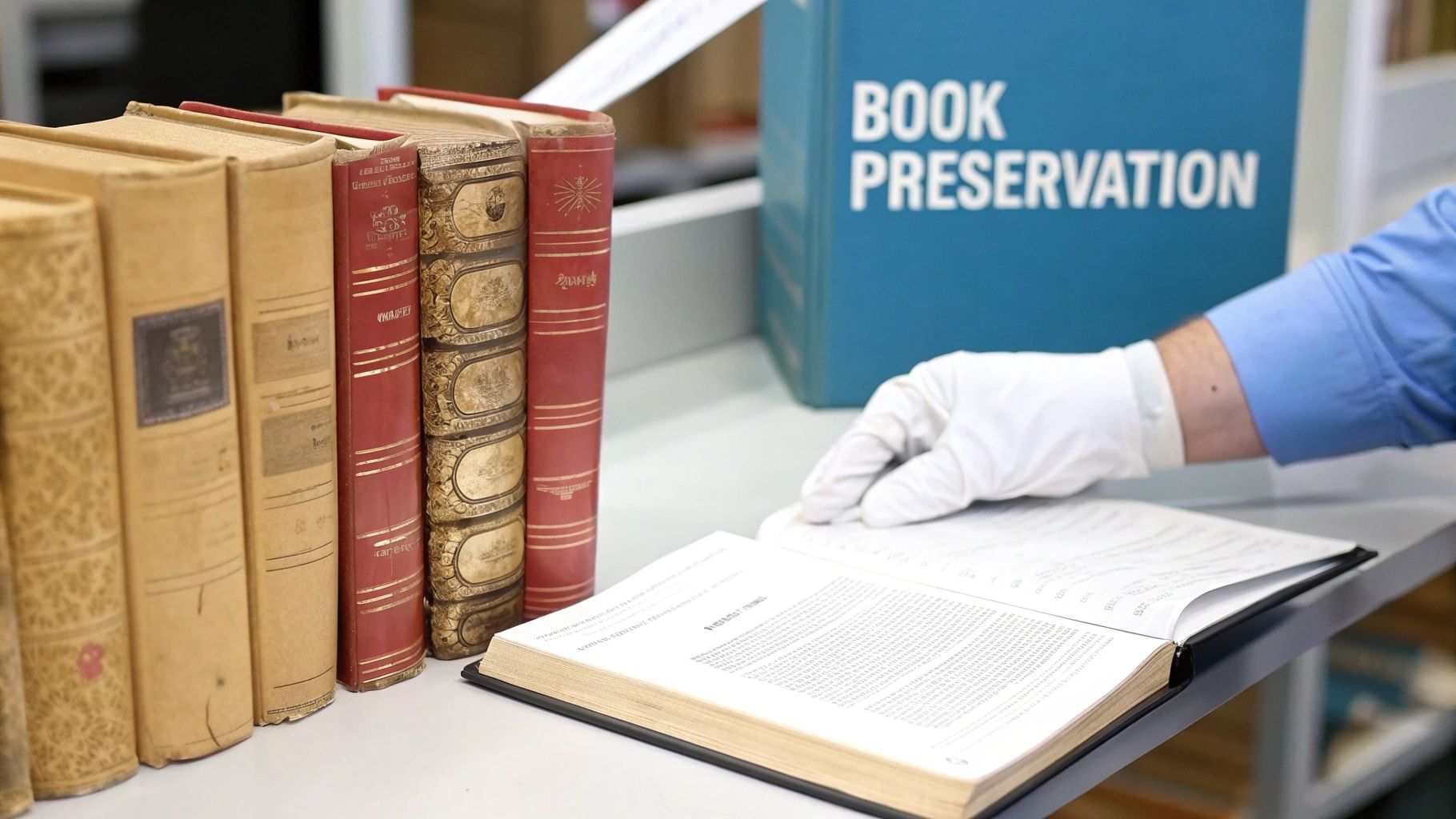 A collection of old, leather-bound antique books neatly arranged on wooden shelves