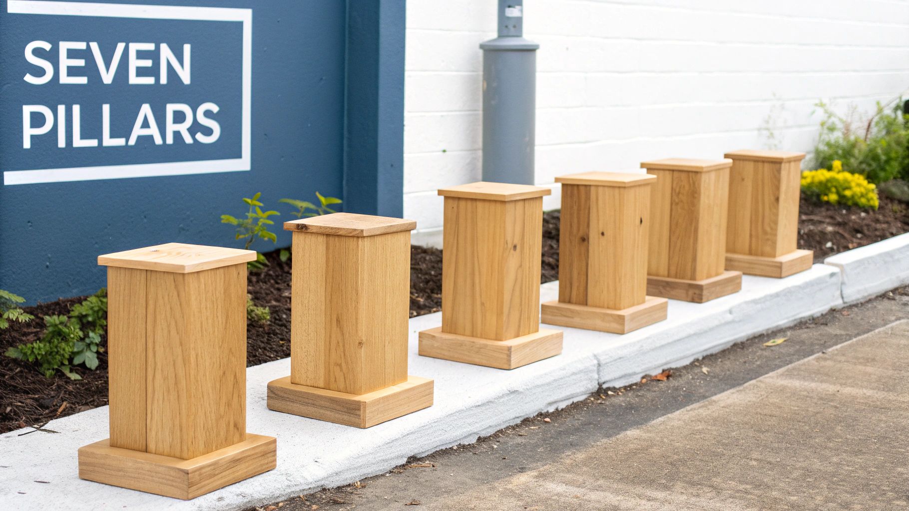 Five light wooden pillars aligned along a white curb next to a blue wall with a "SEVEN PILLARS" sign.