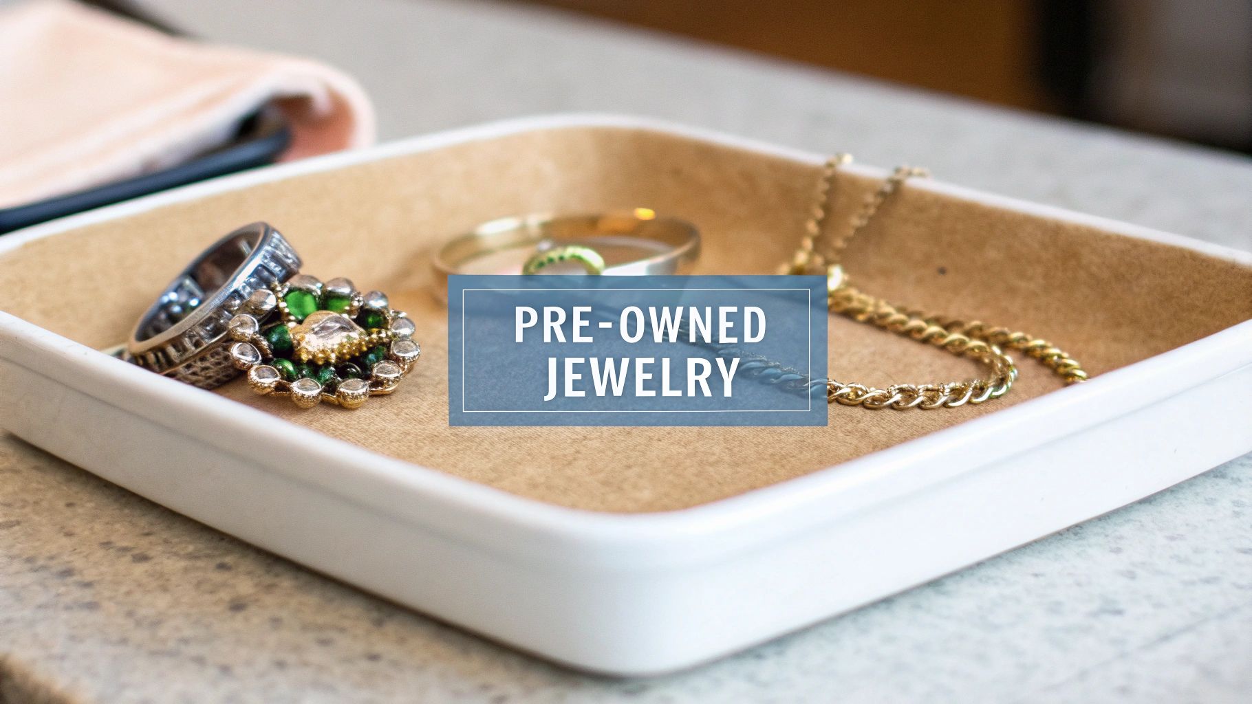 Pre-owned rings and a gold necklace displayed in a white tray with brown felt, highlighting secondhand jewelry.