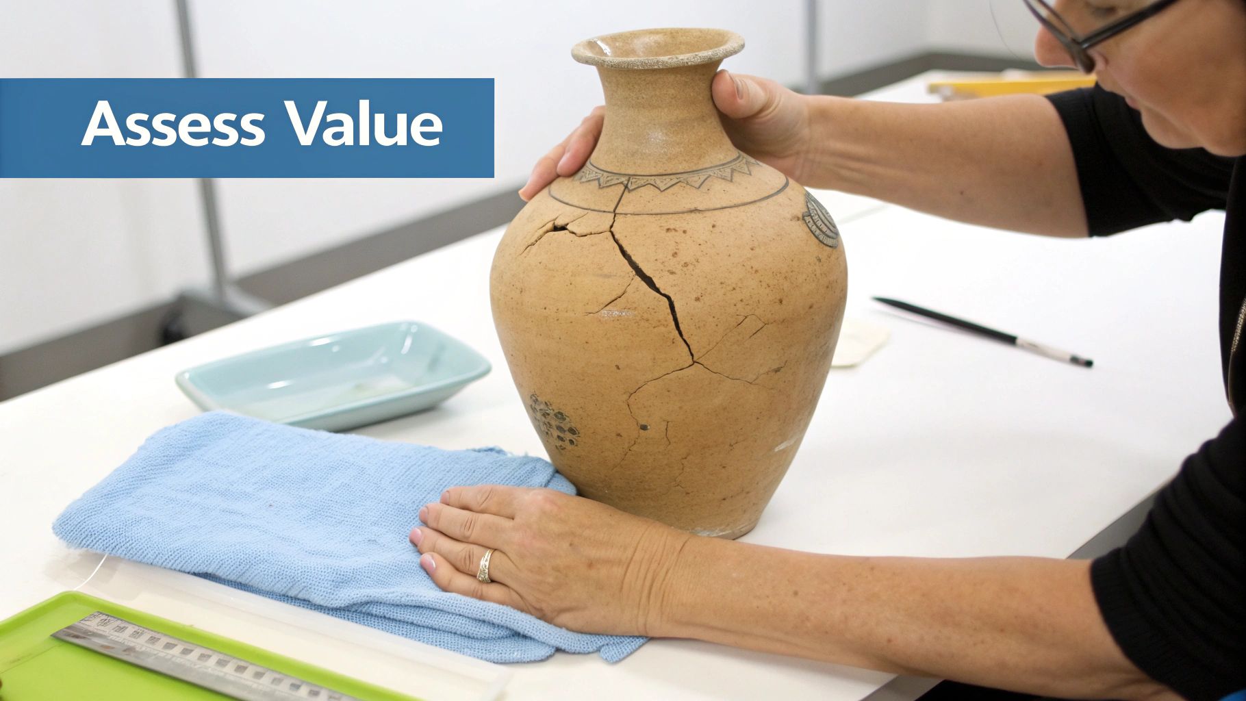 A conservator carefully examines a cracked ceramic vase with decorative patterns on a white table, assessing its value.