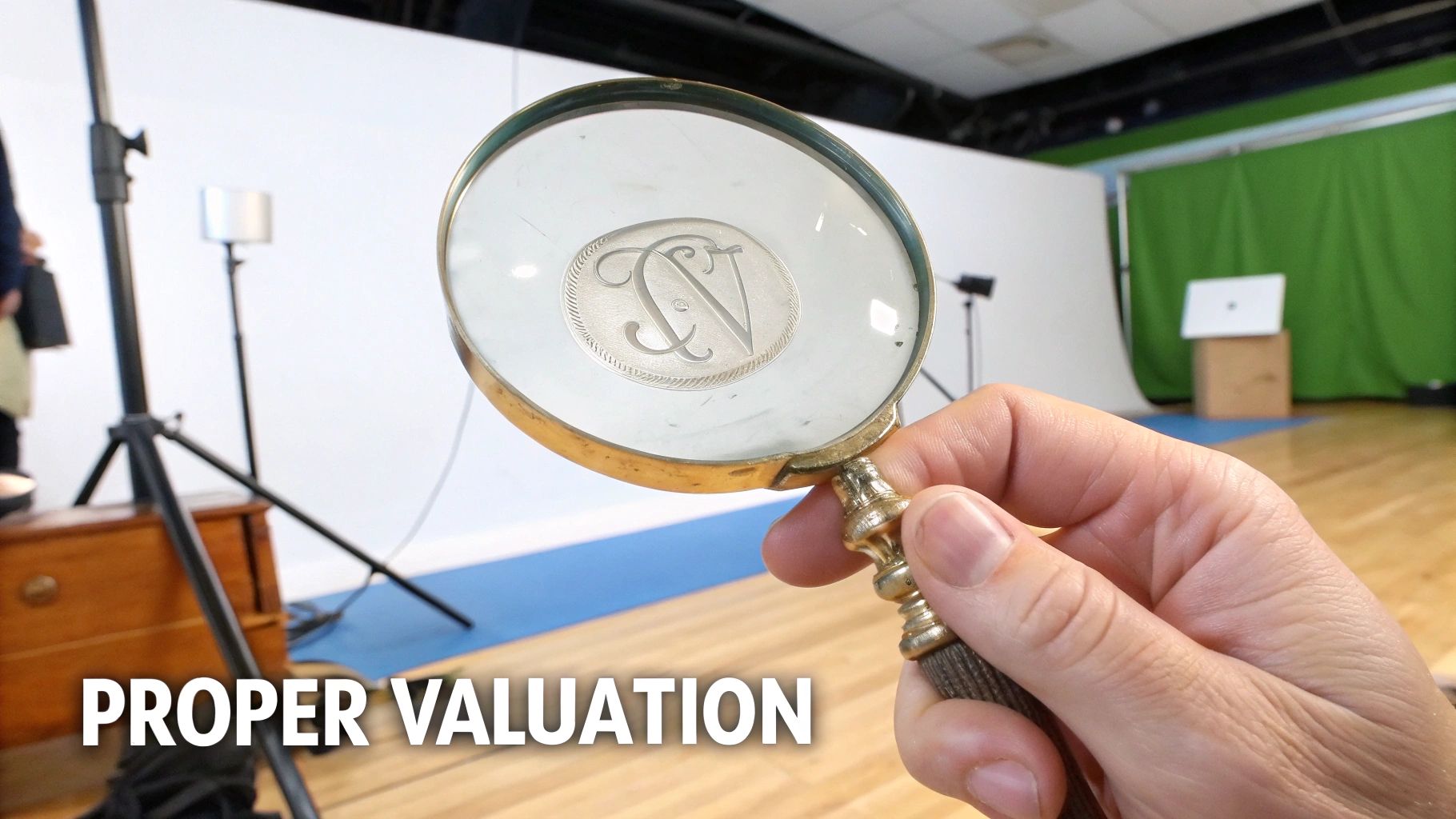 A close-up of a hand holding a magnifying glass to inspect the base of an antique cut glass bowl.